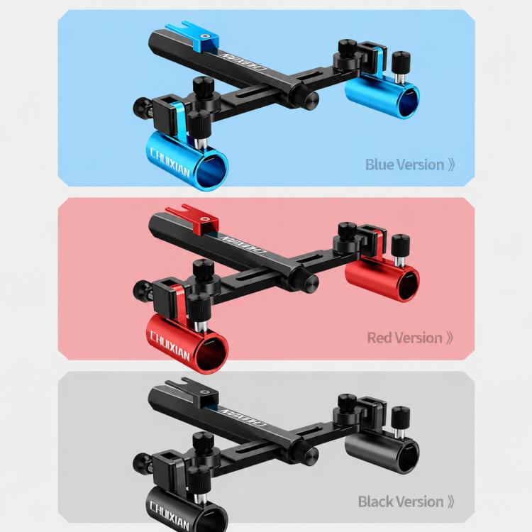 Dual fishing rod holder set showing blue, red, and black versions with sleeves