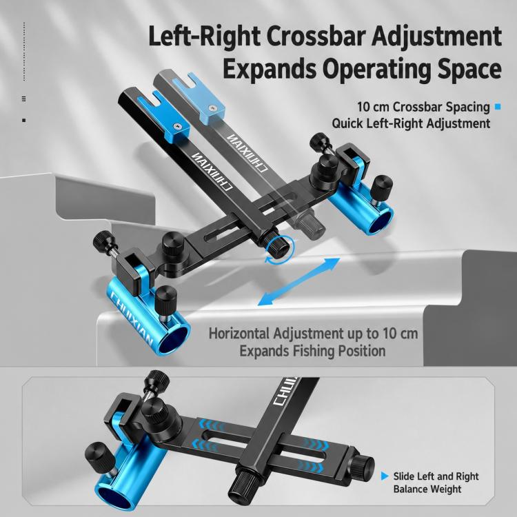 Blue dual rod holder with crossbar adjustment and two clamp sleeves