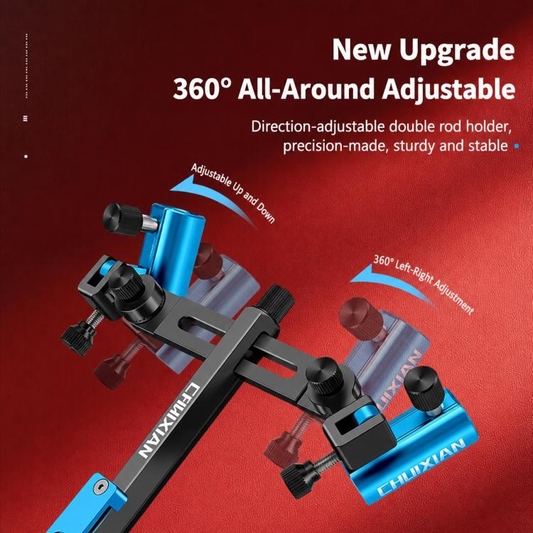 Blue dual fishing rod holder with all-around adjustable double bracket and clamps