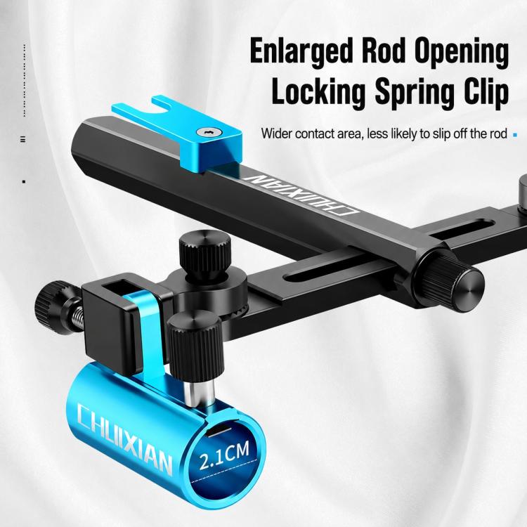 Black and blue rod holder clamp with locking spring and enlarged rod opening