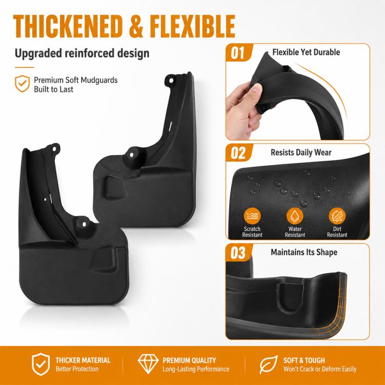 Thick black splash flap guards with reinforced molded corners and mounting holes