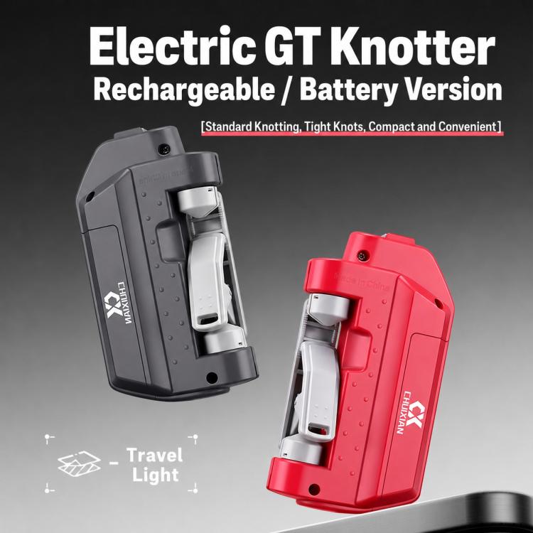 Electric fishing line knotter tool, showing dark gray and red portable units