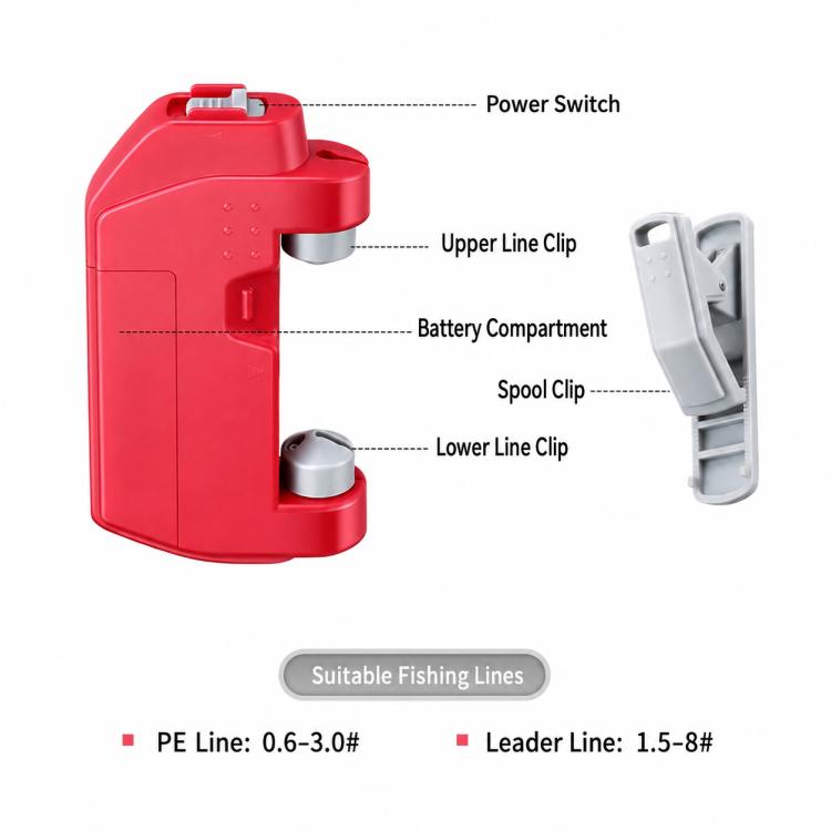 Red electric fishing line knotter with labeled power switch and line clips