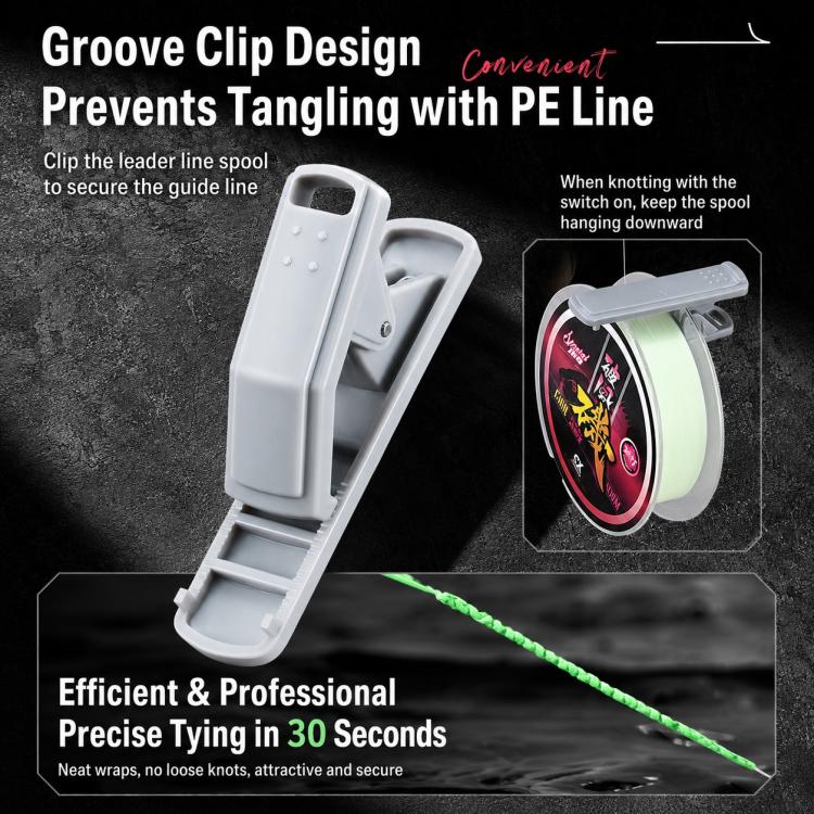 White electric fishing line knotter with groove clip holding the PE line spool