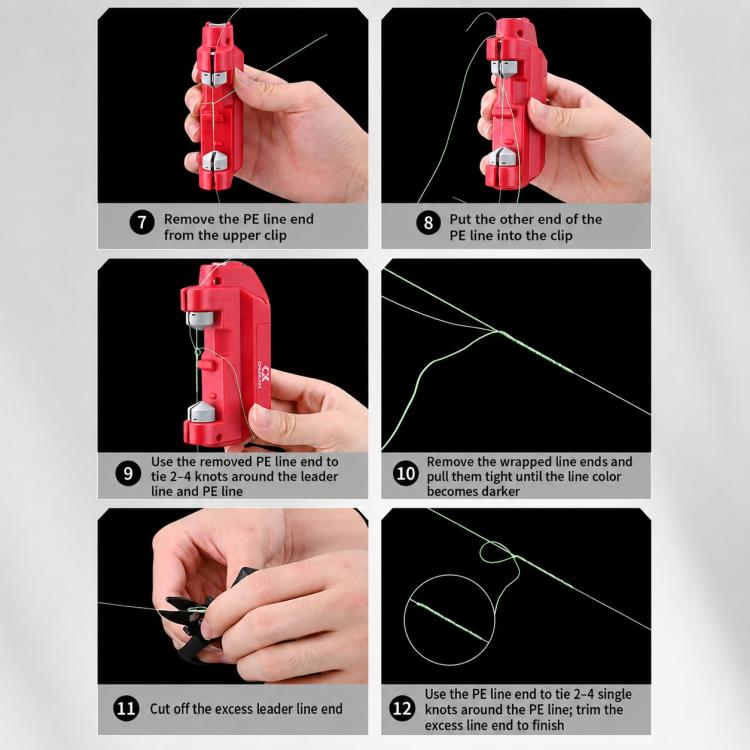 Red electric knotting tool held up showing line feeding and winding