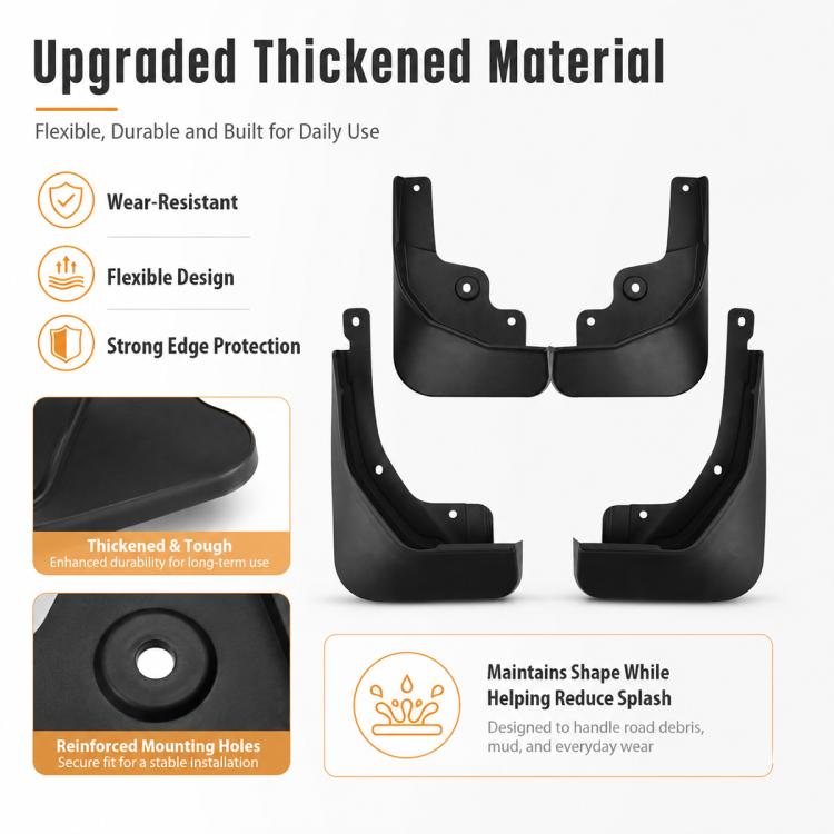 Black thickened mud flap set with reinforced mounting holes and contoured edges