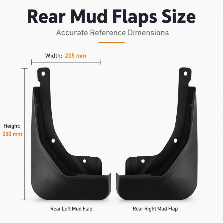 Black rear mud flap pair with size reference and mounting holes