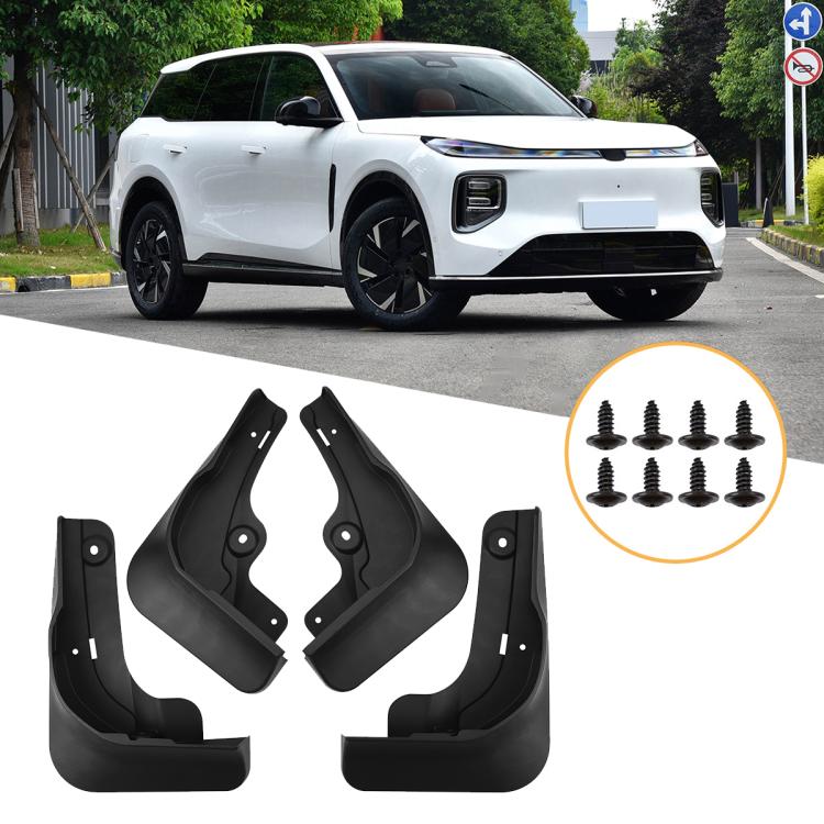 Black 4-piece wheel splash flap set with mounting holes and included screws