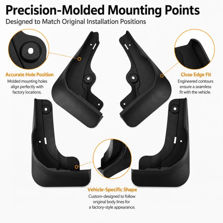 Black molded wheel splash flaps with round mounting holes and curved edge