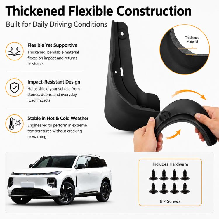Black flexible wheel splash flaps, thickened design, shown with hand-held flap