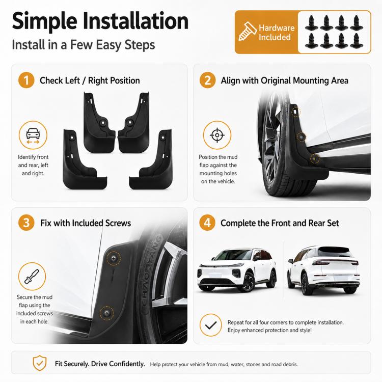 Car wheel splash flap set with mounting screws and hardware for installation
