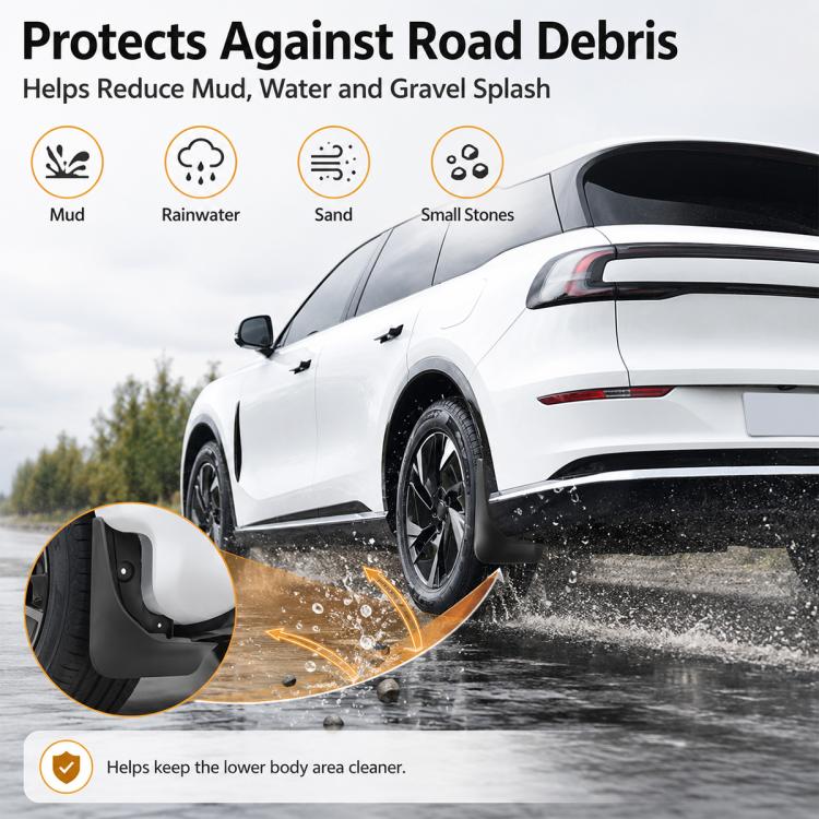 Black wheel splash flaps helping reduce road debris spray from the wheel area