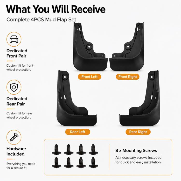 Complete 4PCS splash flap set with four flaps and 8 mounting screws