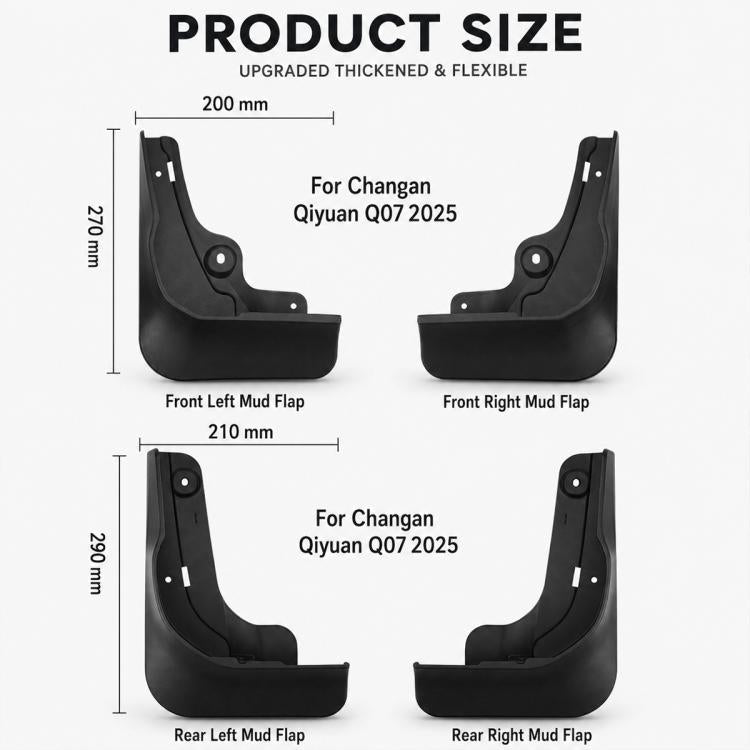 Front left/right and rear left/right black wheel splash flaps with mounting holes
