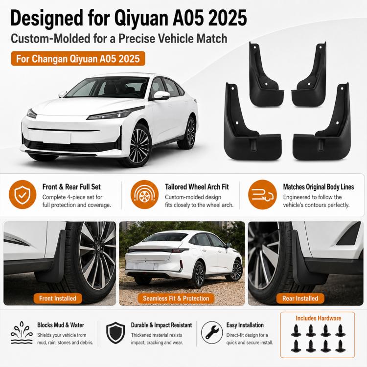 Four black splash flap fender guards designed to match vehicle wheel openings.