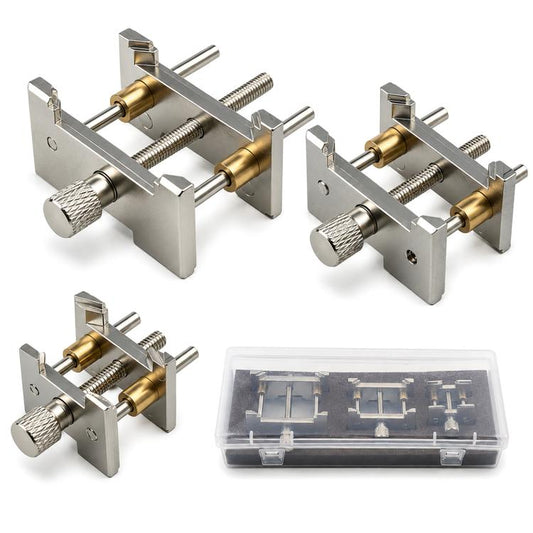 Watch movement holder tool set with two stainless clamps, brass bushings, and knurled knobs