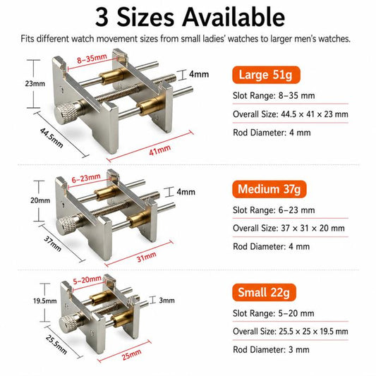 Three watch movement holder sizes with labeled dimensions for large, medium, and small use