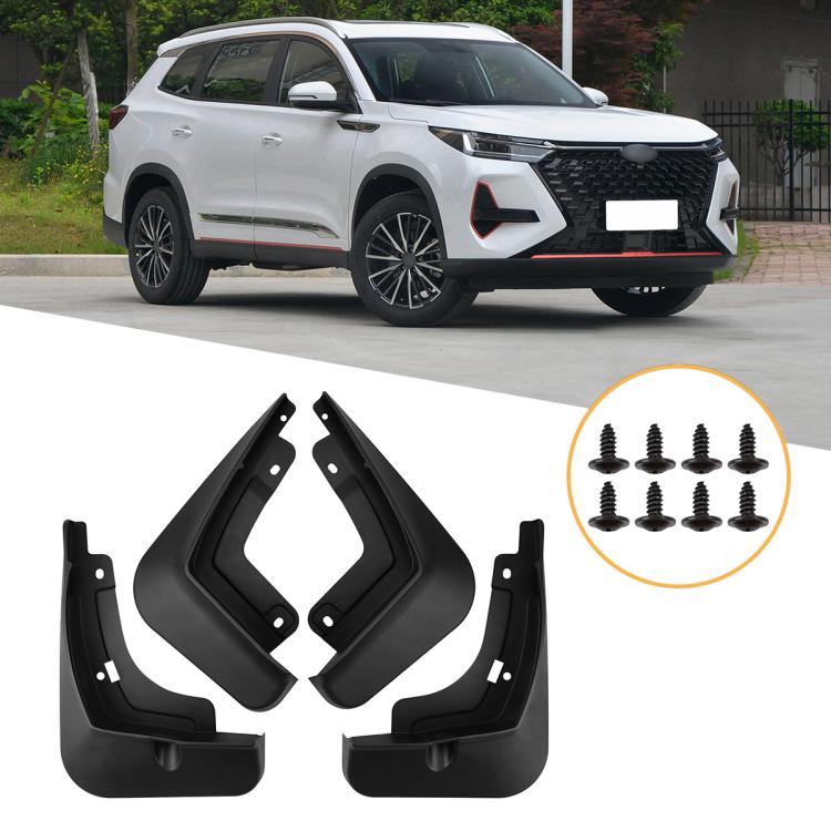 Set of four black car splash flap guards with mounting brackets and screws