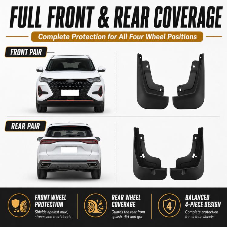 Front and rear black splash flap set, four-piece wheel coverage guards