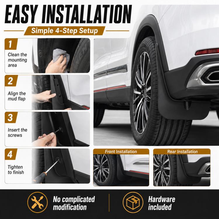 Black splash flap guards for wheel protection, shown with simple installation steps