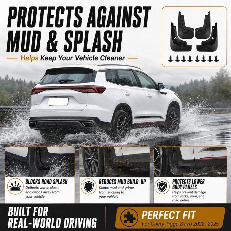 Black mud and splash flap guards with screw-on mounting tabs for wheel areas