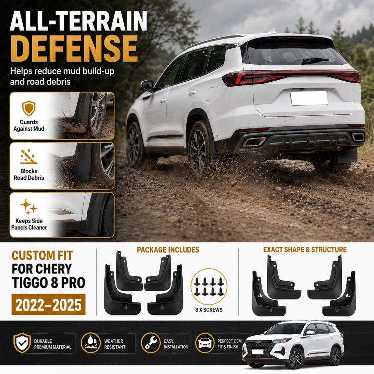 Four-piece black all-terrain splash and mud flap defense set for vehicle wheels