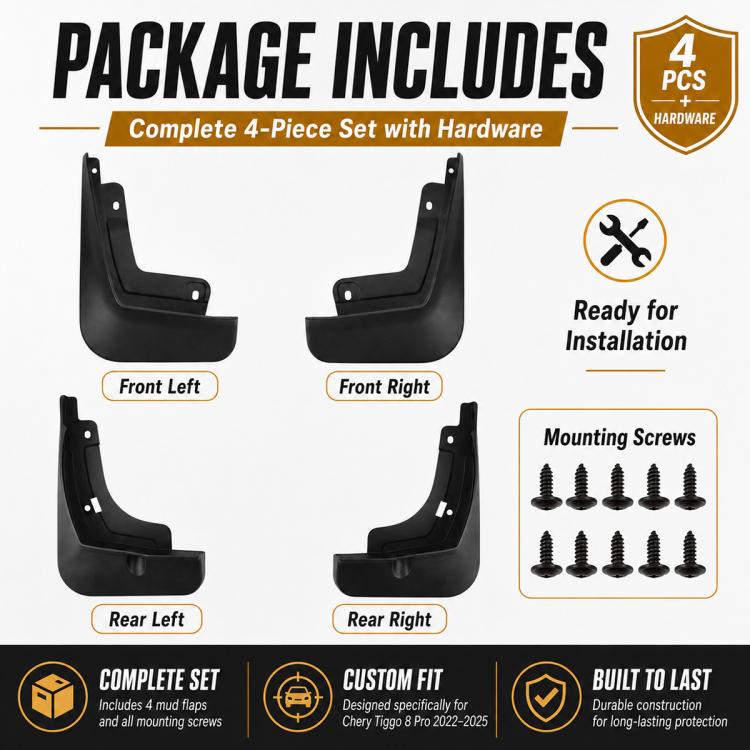 4-piece black splash flap set with hardware, designed for four wheel positions