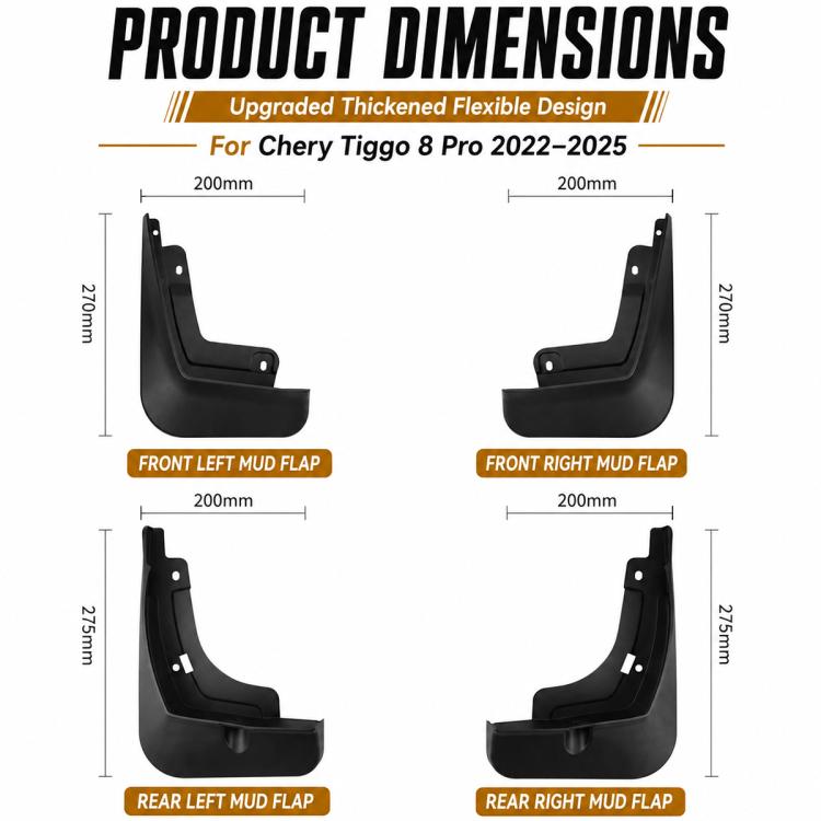 Four black mud flaps with visible dimensions for front and rear positions