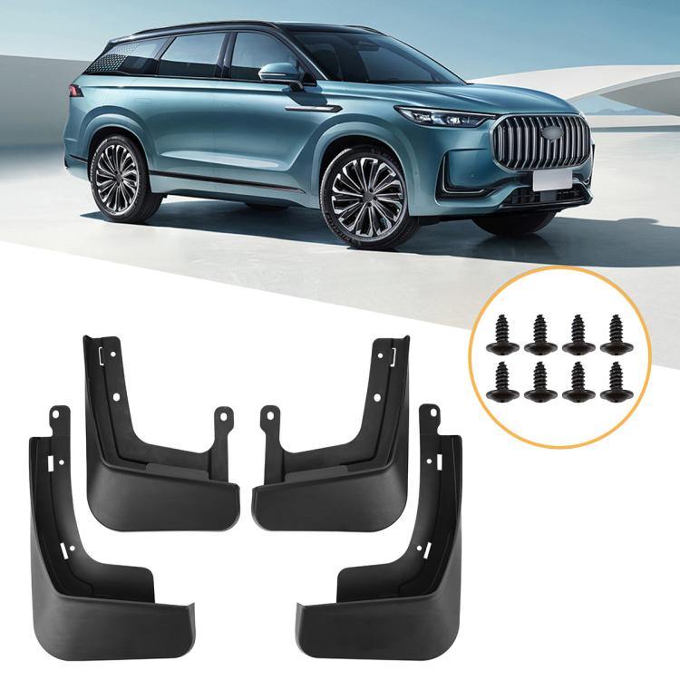 Set of four black car mud flaps with mounting holes and screw fasteners inset