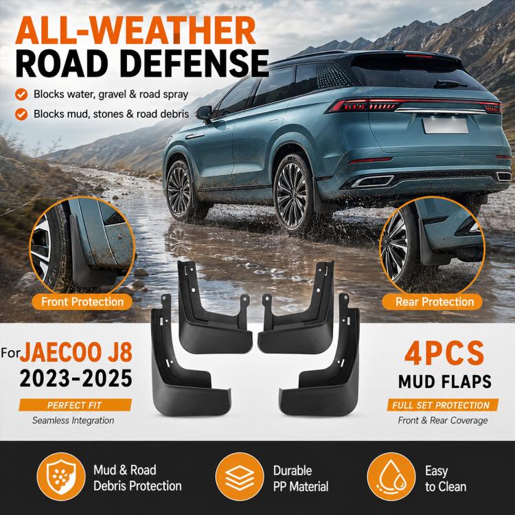Four-piece set of black mud flaps for front and rear protection coverage