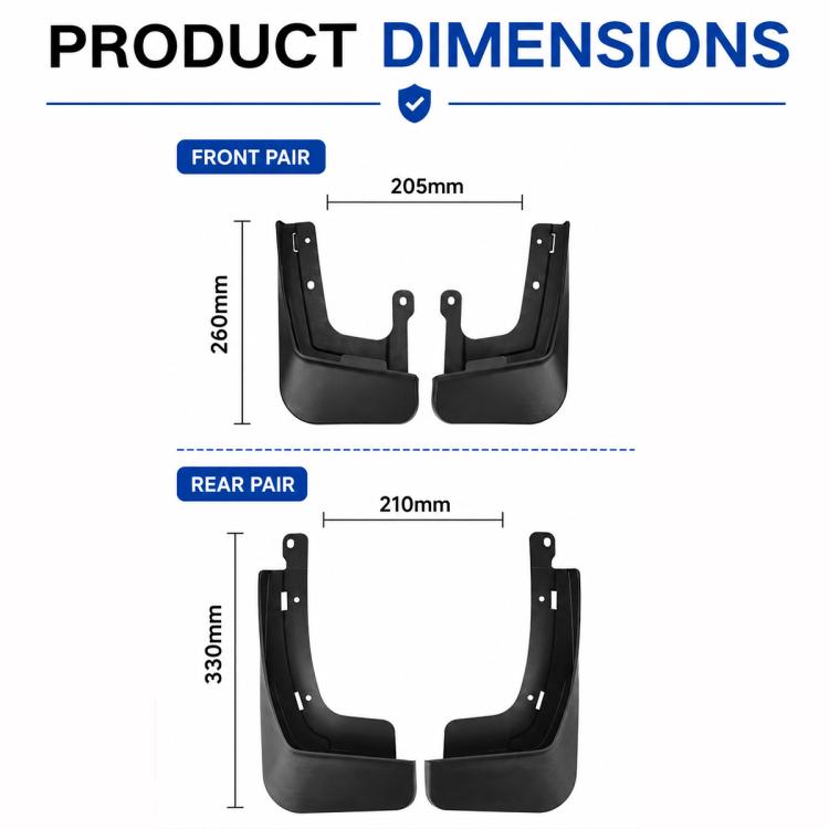Black mud flap dimension diagram with 205mm front and 210mm rear measurements