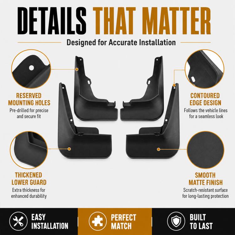 Four-piece black splash flaps, contoured edge molded fender guards