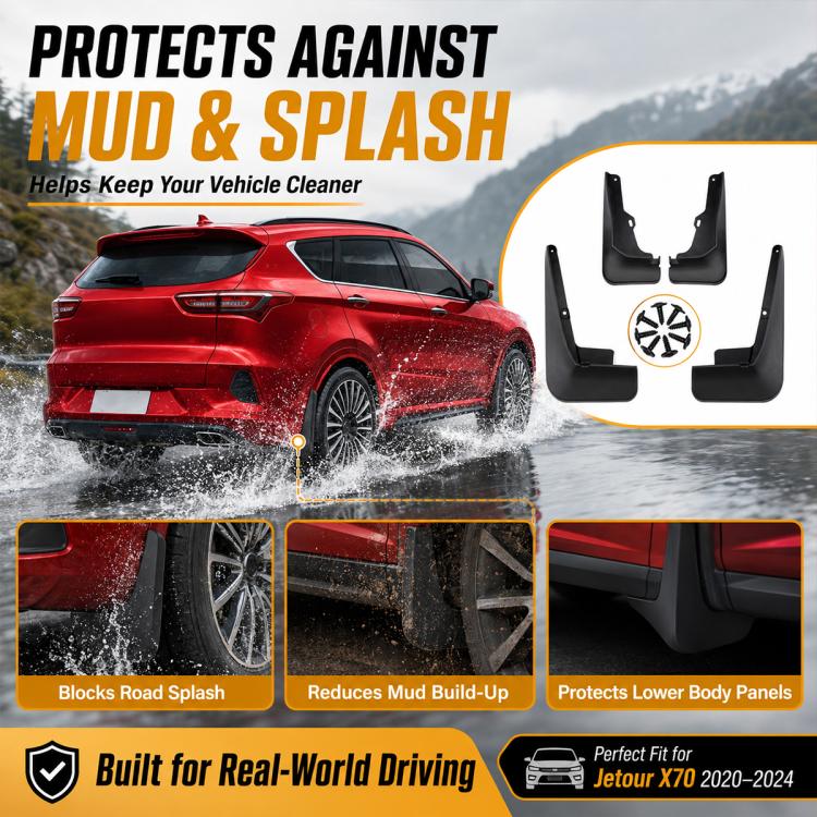 Black splash flaps installed on vehicle, protecting lower body panels