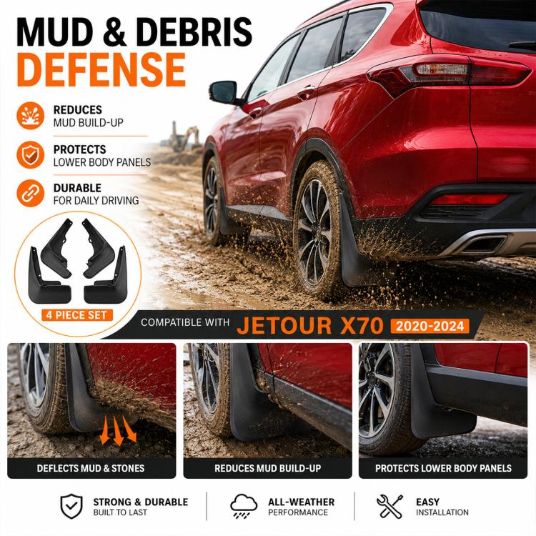 Black splash flaps installed on rear wheel area, mud and debris defense