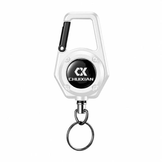 White retractable reel carabiner key holder with steel cable and round key ring
