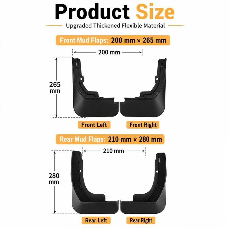 Wheel splash flap set size chart showing front and rear flap dimensions