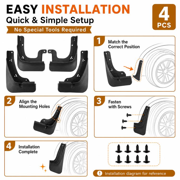Black splash flaps kit with mounting screws for quick, no-special-tools install