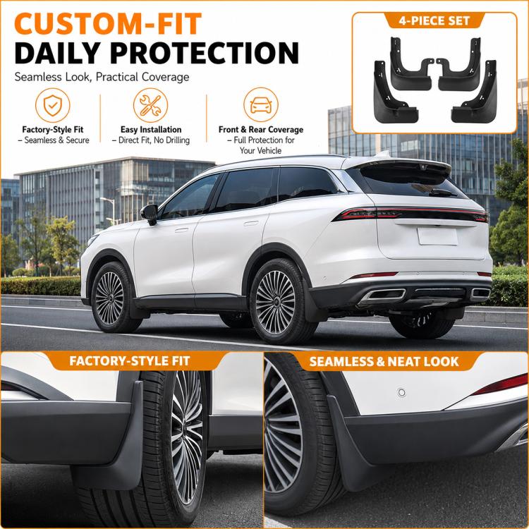 Black 4-piece wheel splash guard set installed on a vehicle rear wheel area
