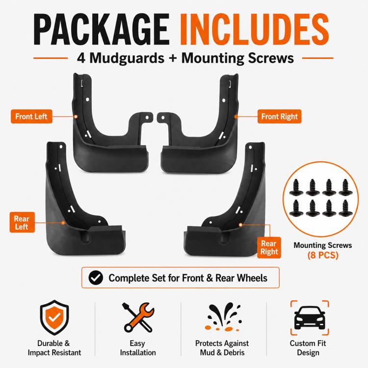 Package includes 4 mudguards and mounting screws for front and rear wheels
