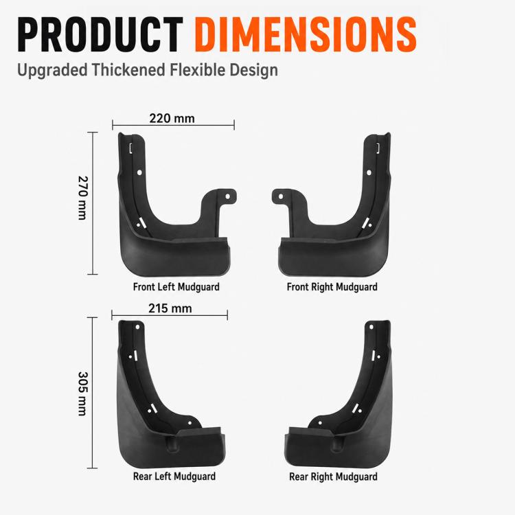 Black mudguard set with measured front and rear guard dimensions