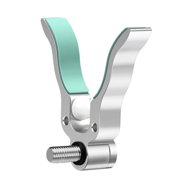 U-shaped fishing rod rest with rotatable roller, teal and silver metal bracket