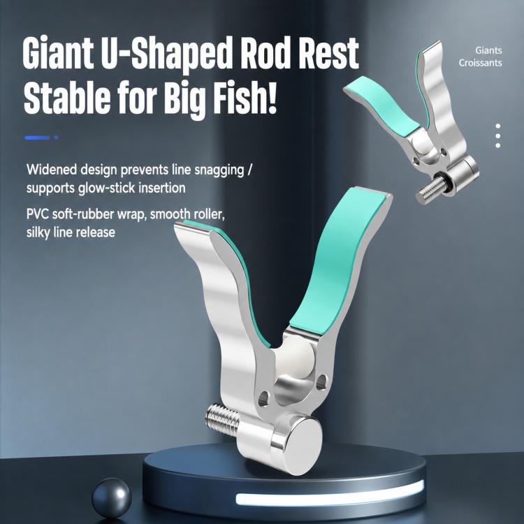 U-shaped rod rest with roller, silver metal bracket and teal protective sleeve