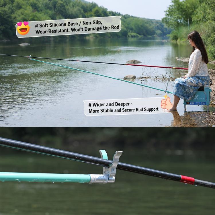 U-shaped roller rod rest with teal silicone base mounted on a fishing rod