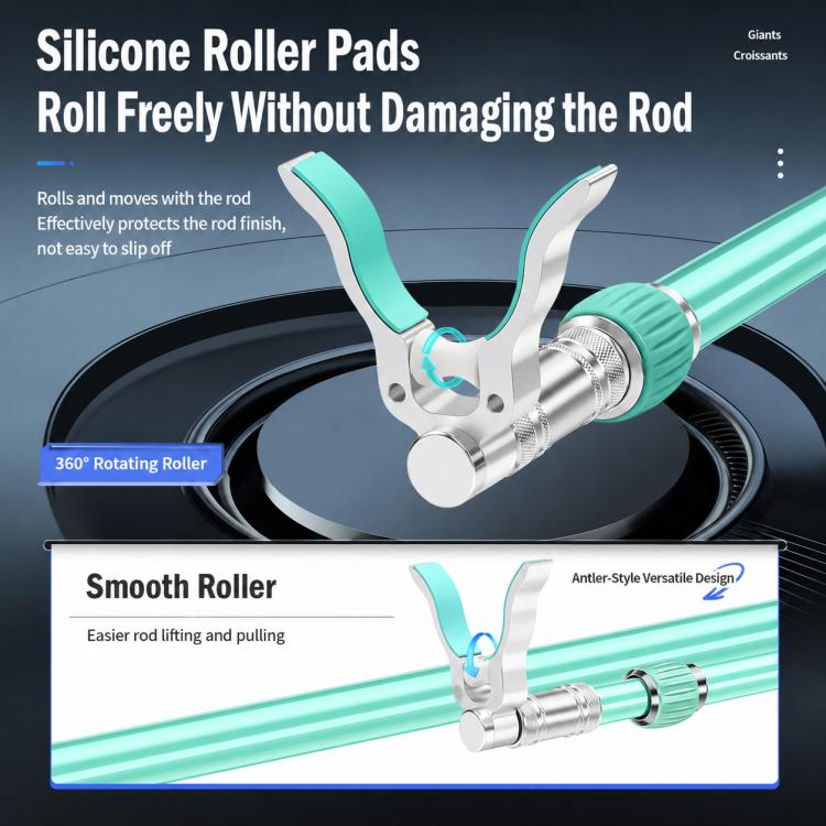 U-shaped rod rest with silicone roller pads and teal bracket, rotatable roller