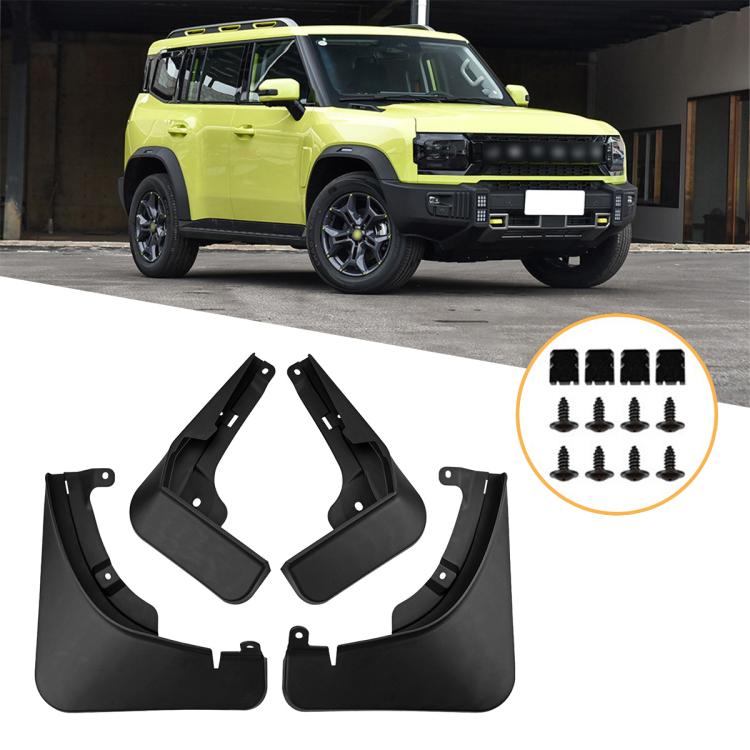 Set of 4 black car wheel splash flaps with mounting hardware, front and rear guards