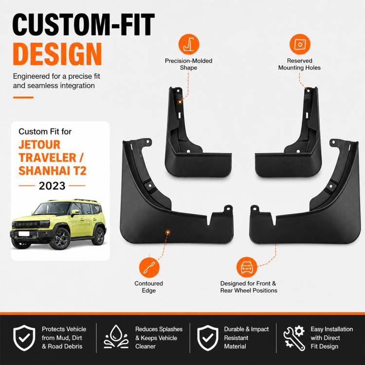 Custom-fit black mud flap set with reserved mounting holes for front and rear