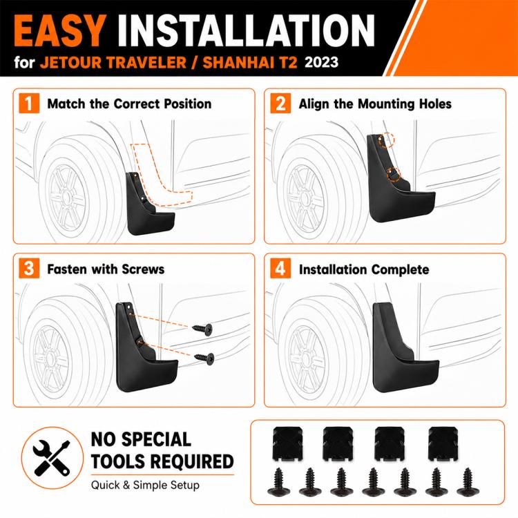 Black splash flaps installation kit with screws and multiple flap pieces