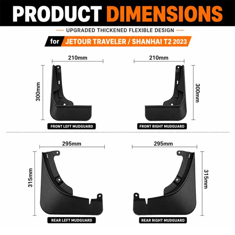 Black splash flap dimensions diagram with front and rear mudguard measurements