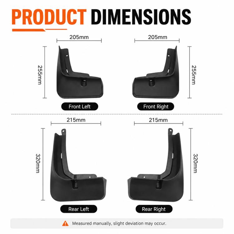 Black front-left, front-right, rear-left, rear-right mud flap dimensions diagram