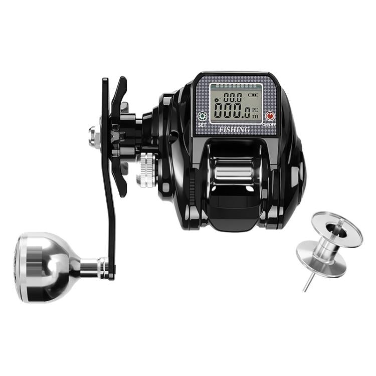 Black baitcasting reel with digital line display, magnetic brake, silver side spool knobs